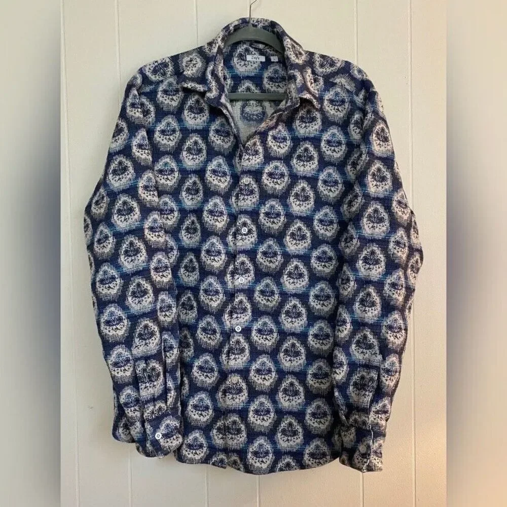 Jay’s Shirt Men’s Large Blue White Pattern Stretch Button Up Casual